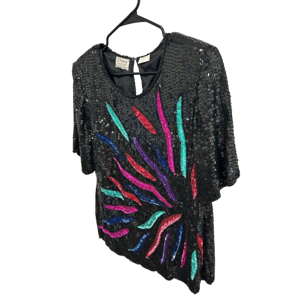Vintage Stenay Black Sequin Beaded Top Colorful Embellishments Artsy Bold - Picture 2 of 10